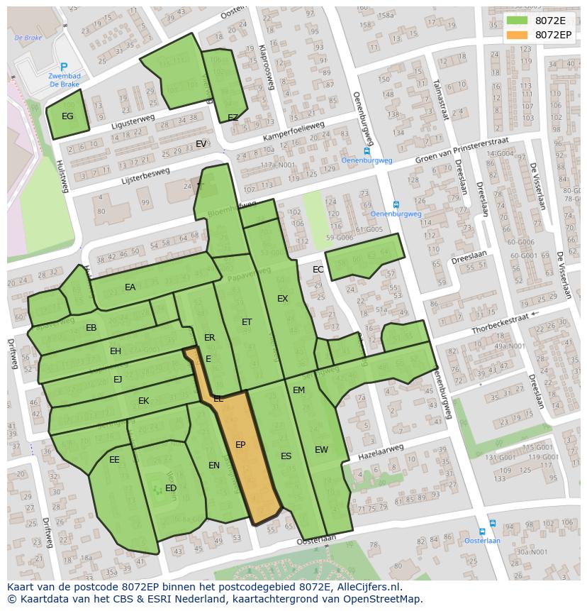 Afbeelding van het postcodegebied 8072 EP op de kaart.