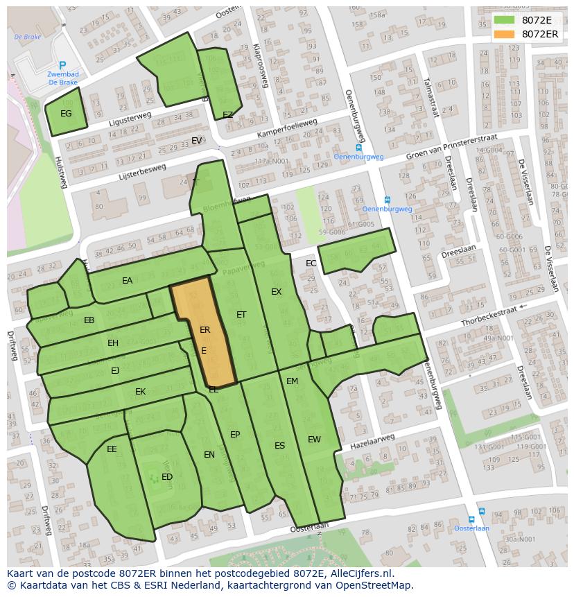Afbeelding van het postcodegebied 8072 ER op de kaart.
