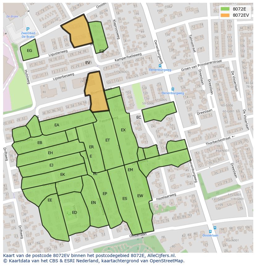 Afbeelding van het postcodegebied 8072 EV op de kaart.