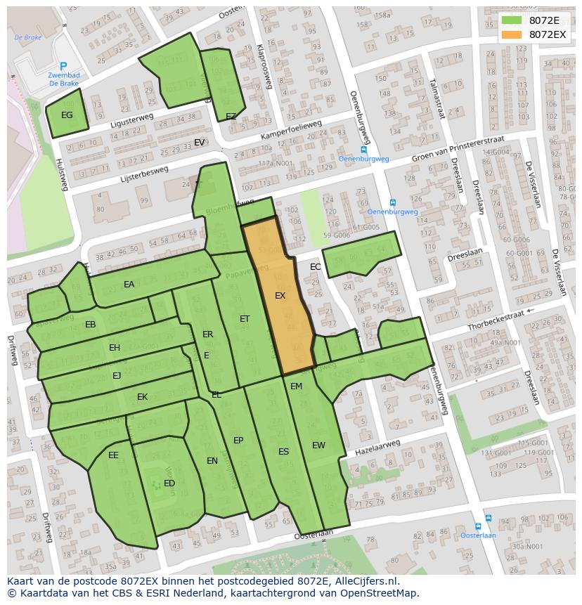 Afbeelding van het postcodegebied 8072 EX op de kaart.