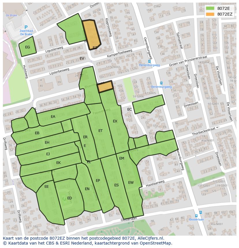 Afbeelding van het postcodegebied 8072 EZ op de kaart.