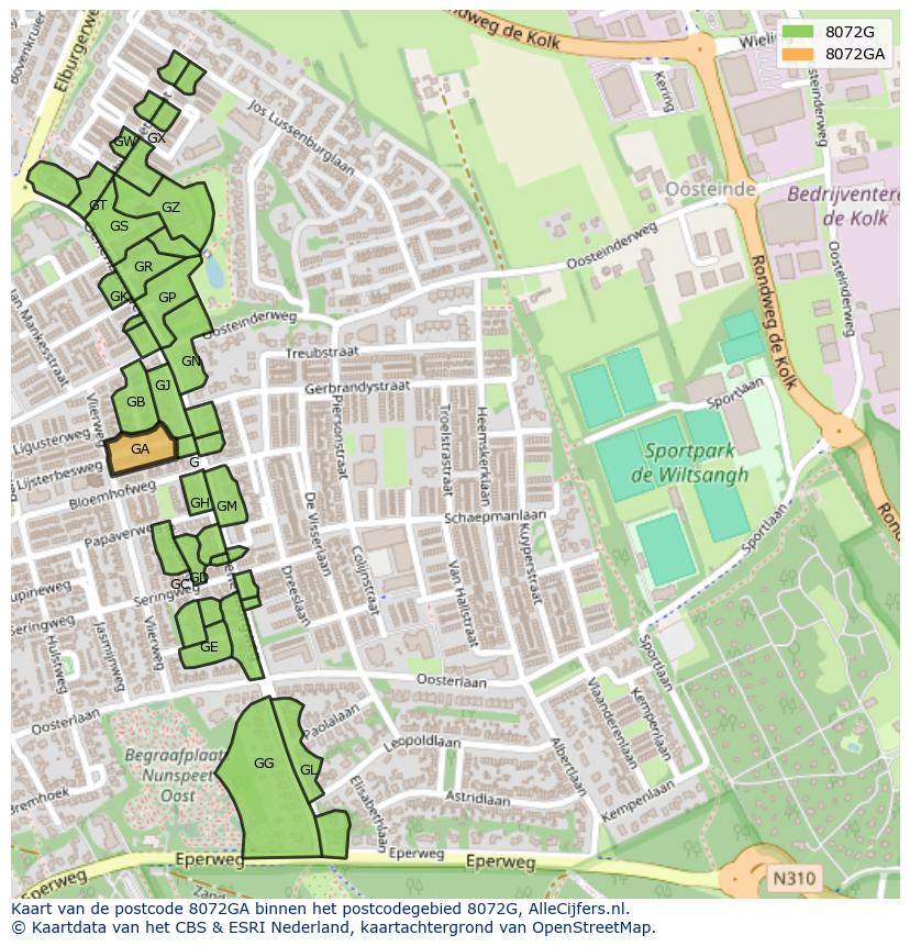Afbeelding van het postcodegebied 8072 GA op de kaart.
