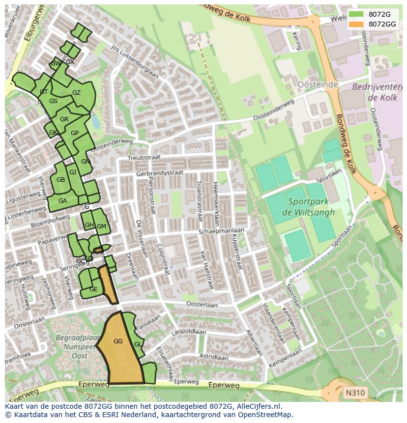 Afbeelding van het postcodegebied 8072 GG op de kaart.