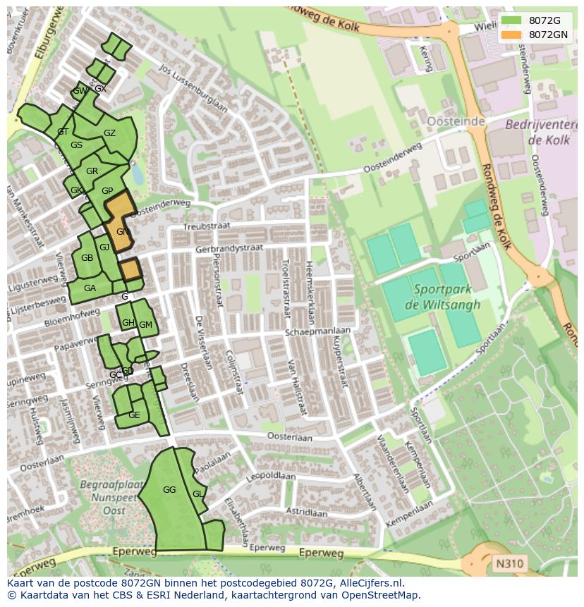 Afbeelding van het postcodegebied 8072 GN op de kaart.