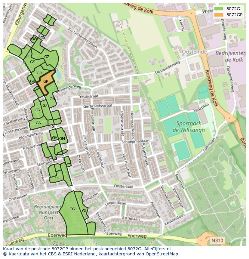 Afbeelding van het postcodegebied 8072 GP op de kaart.
