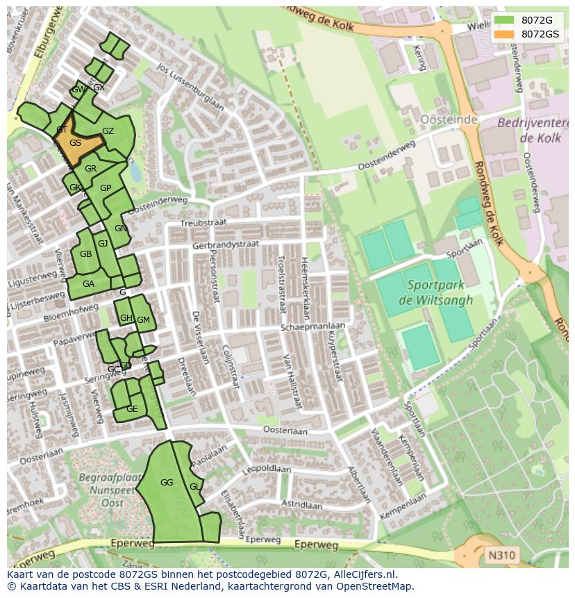 Afbeelding van het postcodegebied 8072 GS op de kaart.