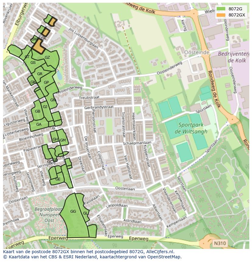 Afbeelding van het postcodegebied 8072 GX op de kaart.