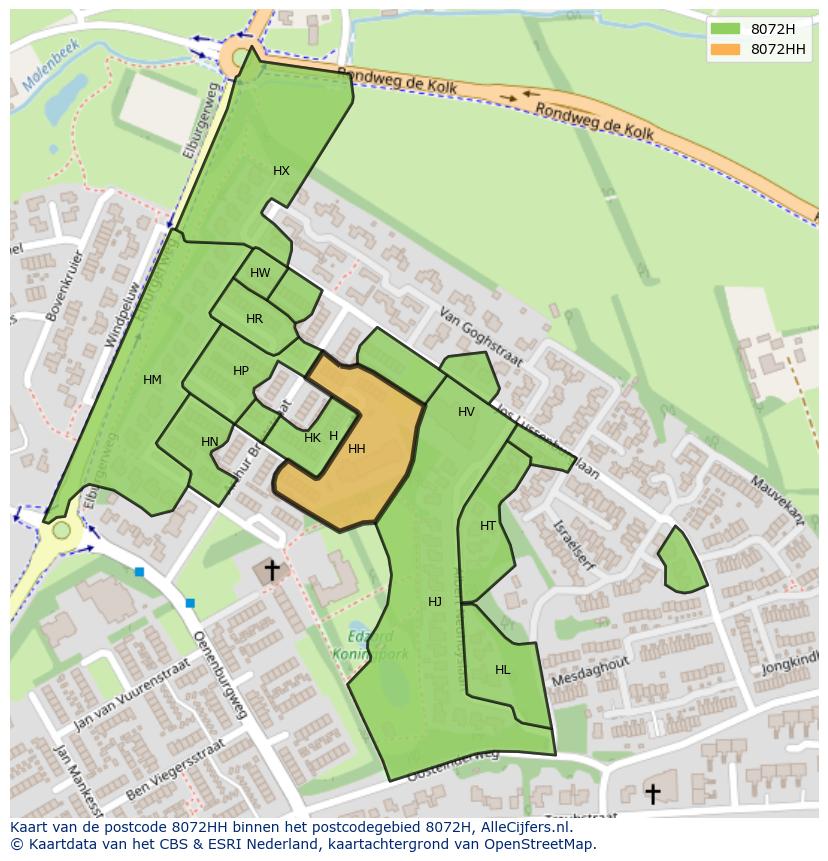 Afbeelding van het postcodegebied 8072 HH op de kaart.