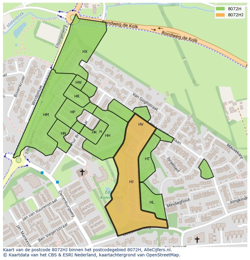 Afbeelding van het postcodegebied 8072 HJ op de kaart.