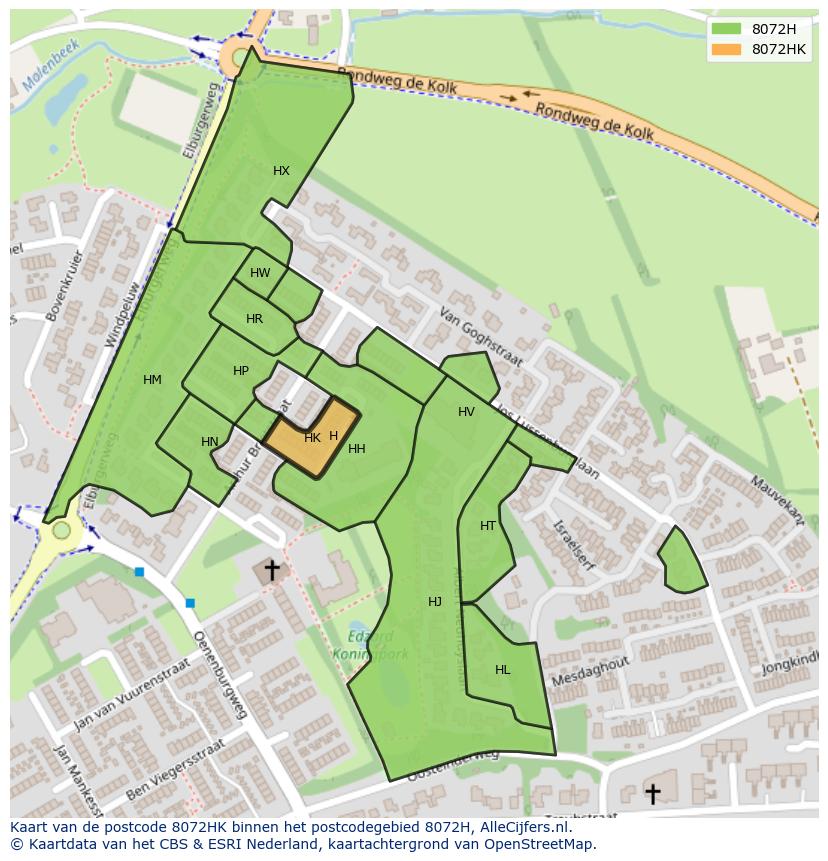 Afbeelding van het postcodegebied 8072 HK op de kaart.