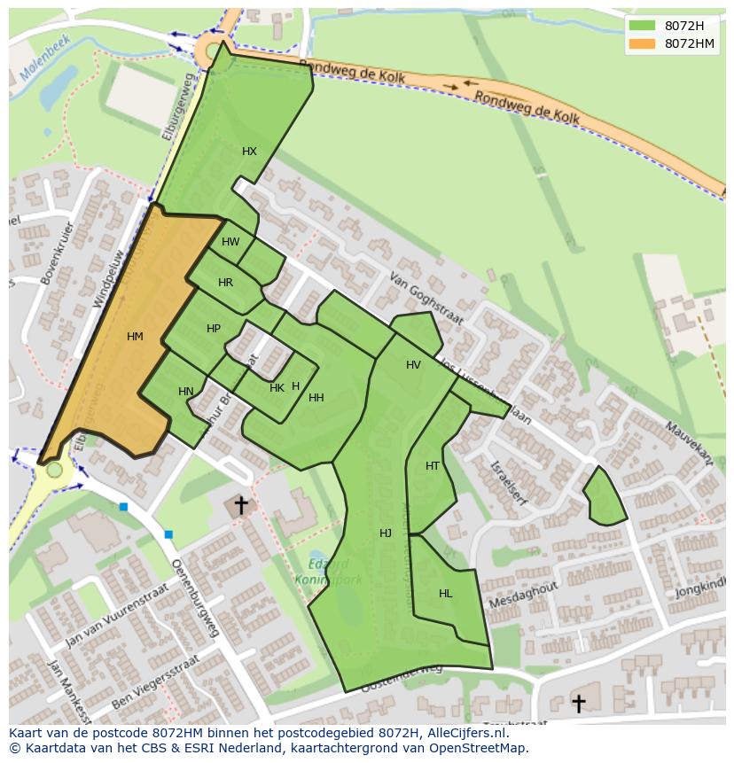 Afbeelding van het postcodegebied 8072 HM op de kaart.