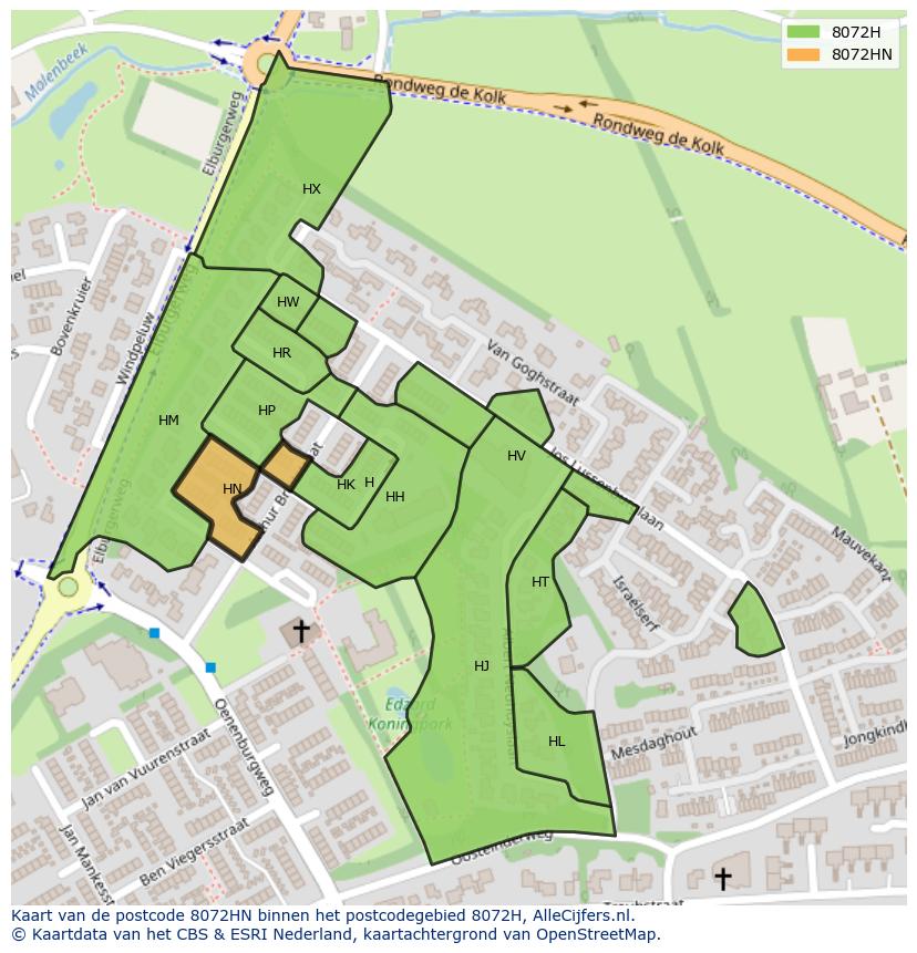 Afbeelding van het postcodegebied 8072 HN op de kaart.