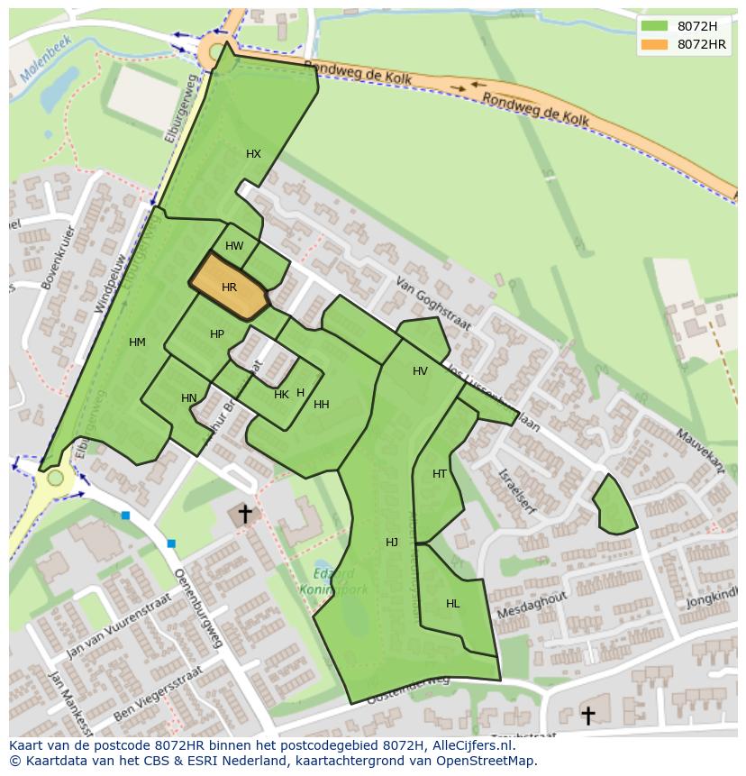 Afbeelding van het postcodegebied 8072 HR op de kaart.