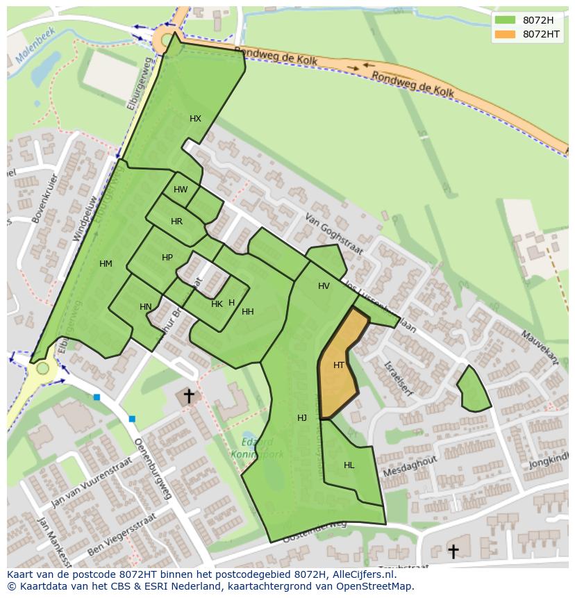 Afbeelding van het postcodegebied 8072 HT op de kaart.