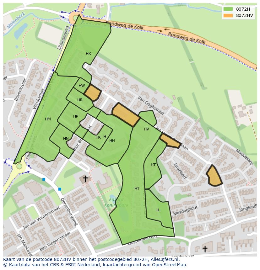 Afbeelding van het postcodegebied 8072 HV op de kaart.