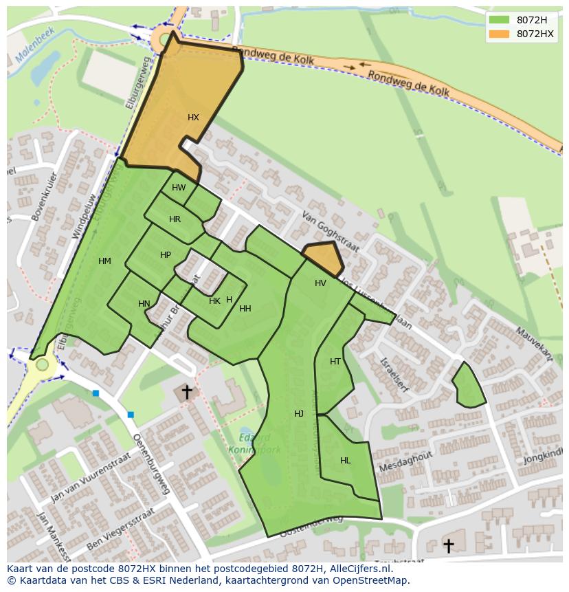 Afbeelding van het postcodegebied 8072 HX op de kaart.