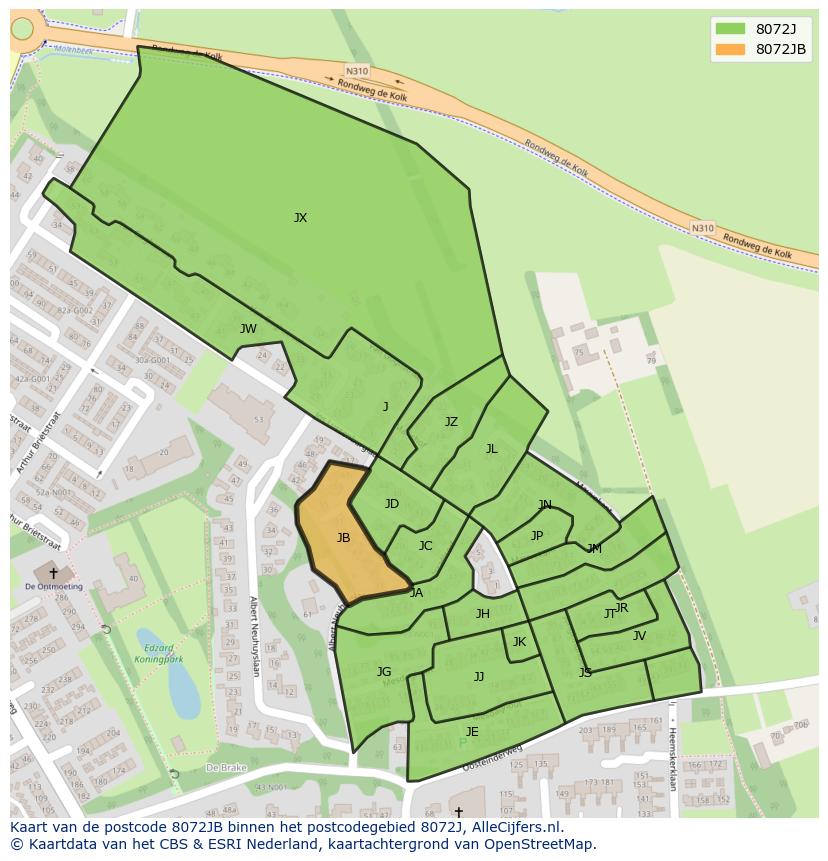 Afbeelding van het postcodegebied 8072 JB op de kaart.