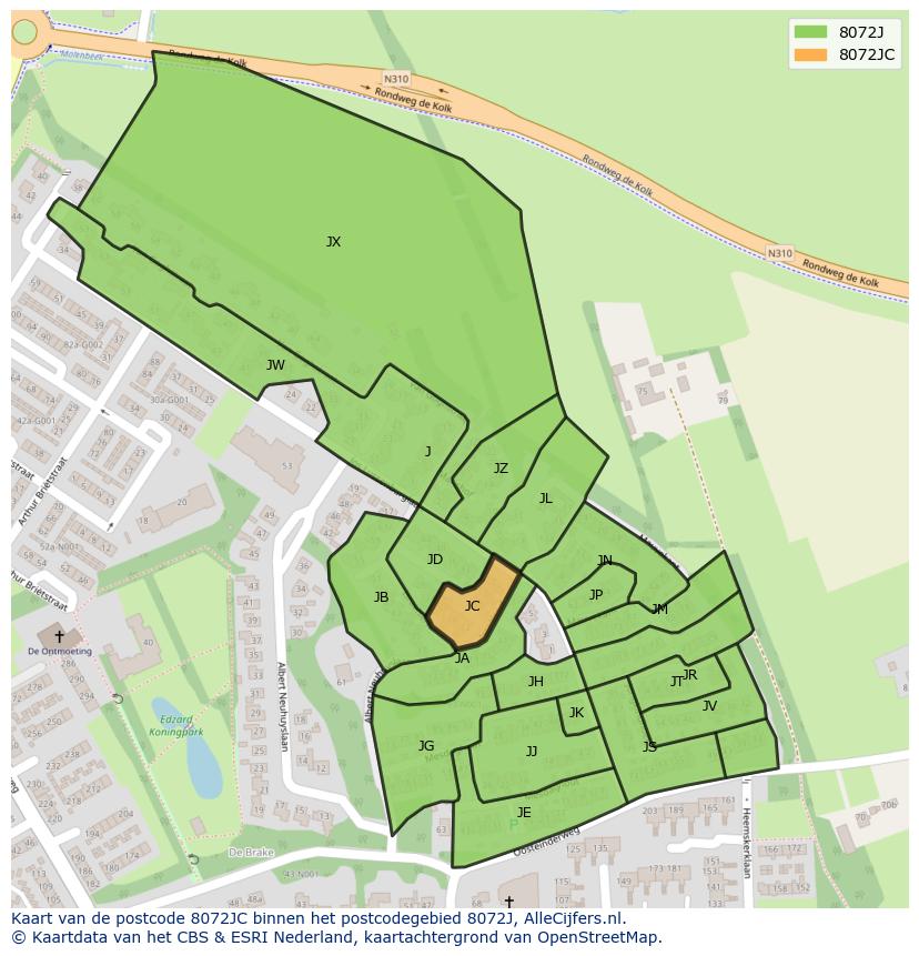 Afbeelding van het postcodegebied 8072 JC op de kaart.