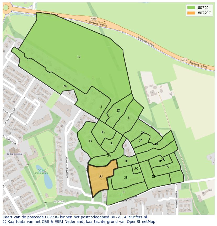 Afbeelding van het postcodegebied 8072 JG op de kaart.