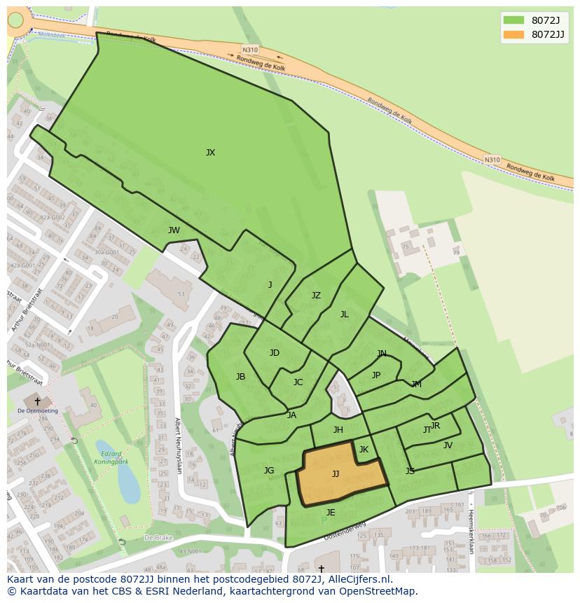 Afbeelding van het postcodegebied 8072 JJ op de kaart.