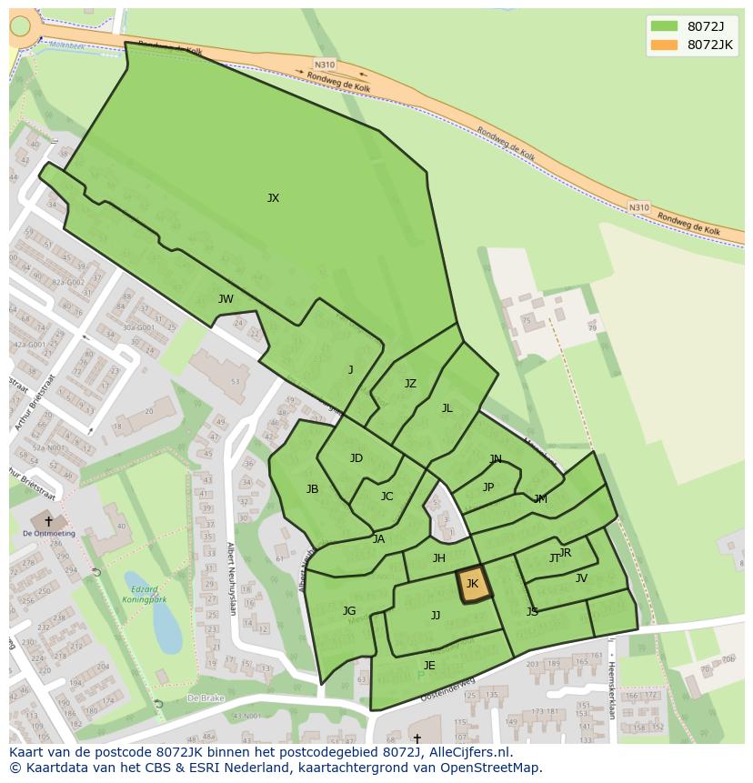 Afbeelding van het postcodegebied 8072 JK op de kaart.