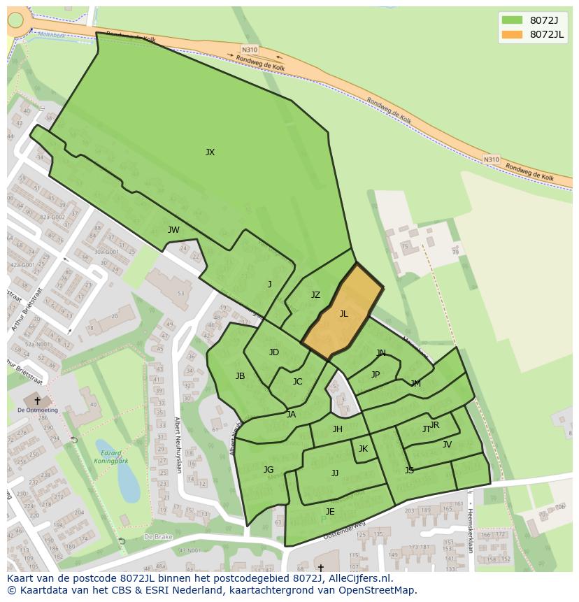Afbeelding van het postcodegebied 8072 JL op de kaart.