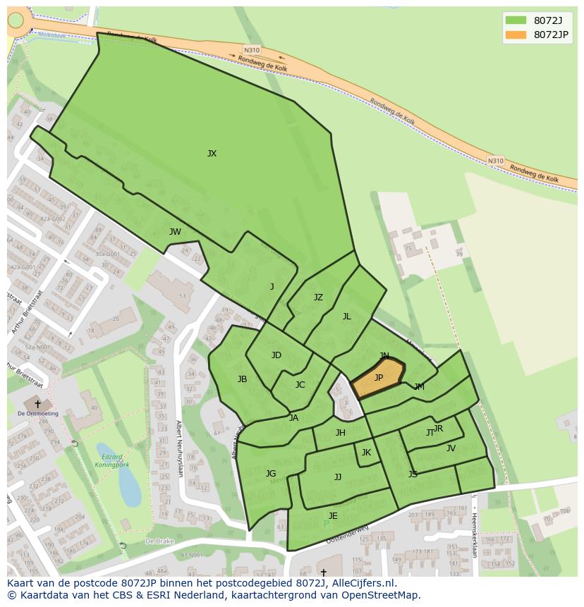 Afbeelding van het postcodegebied 8072 JP op de kaart.