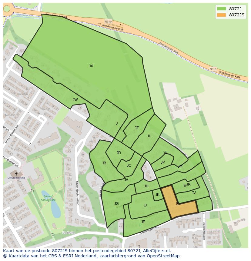 Afbeelding van het postcodegebied 8072 JS op de kaart.