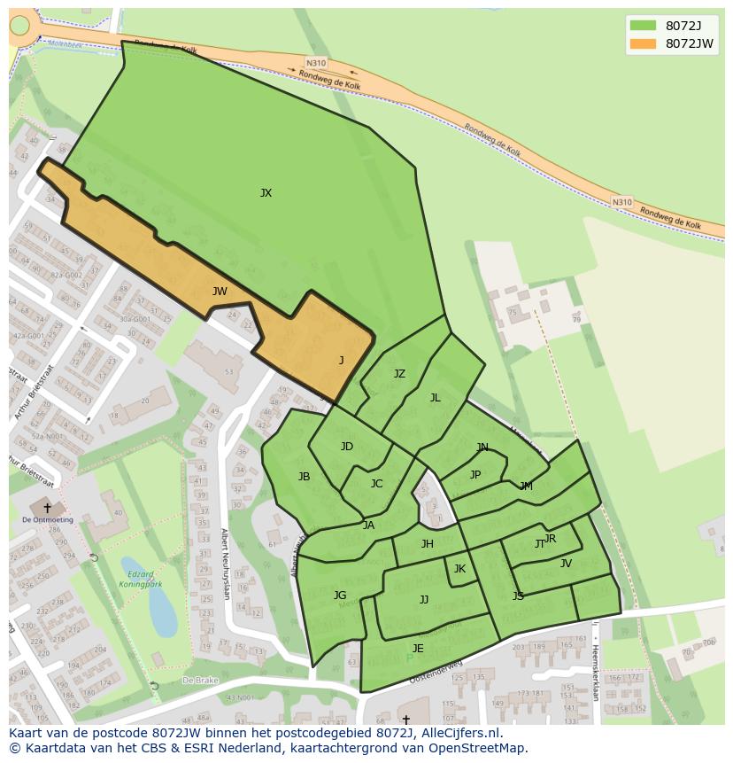 Afbeelding van het postcodegebied 8072 JW op de kaart.