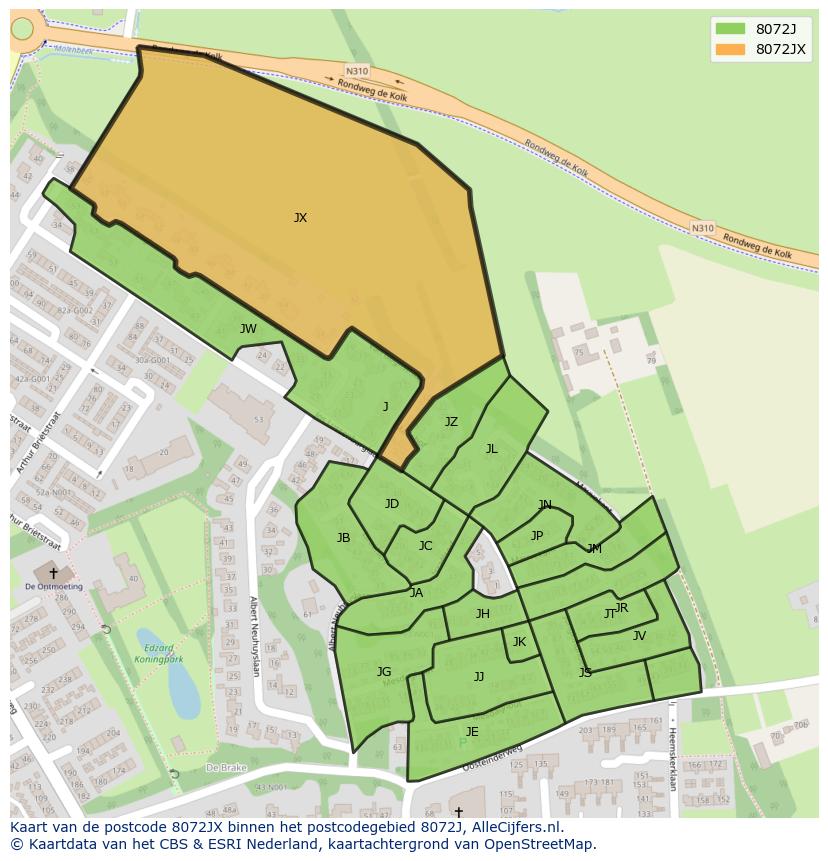 Afbeelding van het postcodegebied 8072 JX op de kaart.