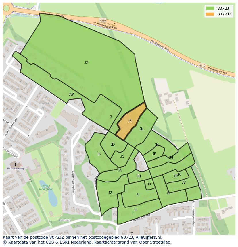 Afbeelding van het postcodegebied 8072 JZ op de kaart.