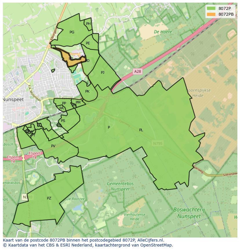 Afbeelding van het postcodegebied 8072 PB op de kaart.
