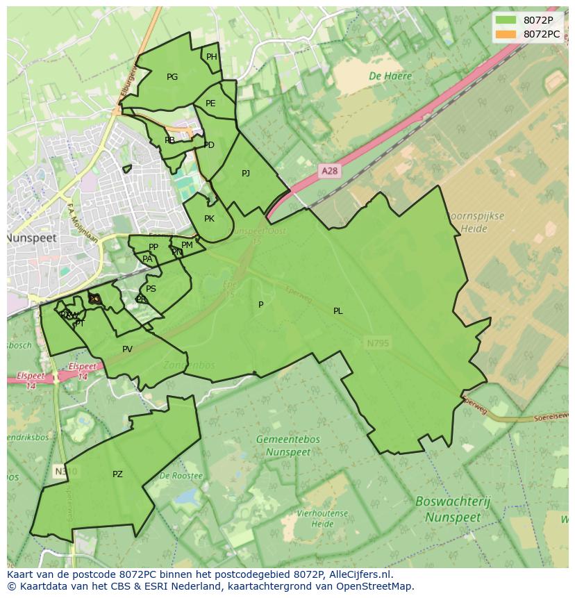 Afbeelding van het postcodegebied 8072 PC op de kaart.