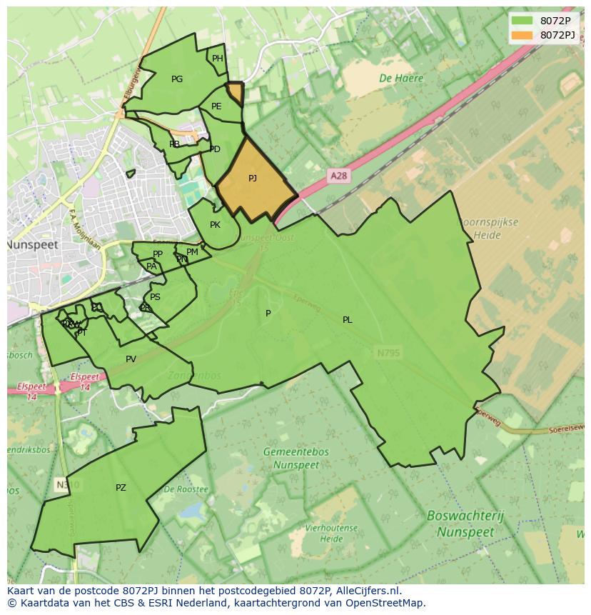 Afbeelding van het postcodegebied 8072 PJ op de kaart.