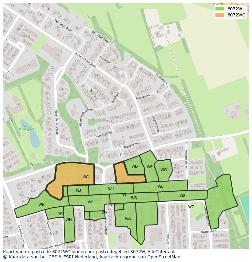Afbeelding van het postcodegebied 8072 WC op de kaart.