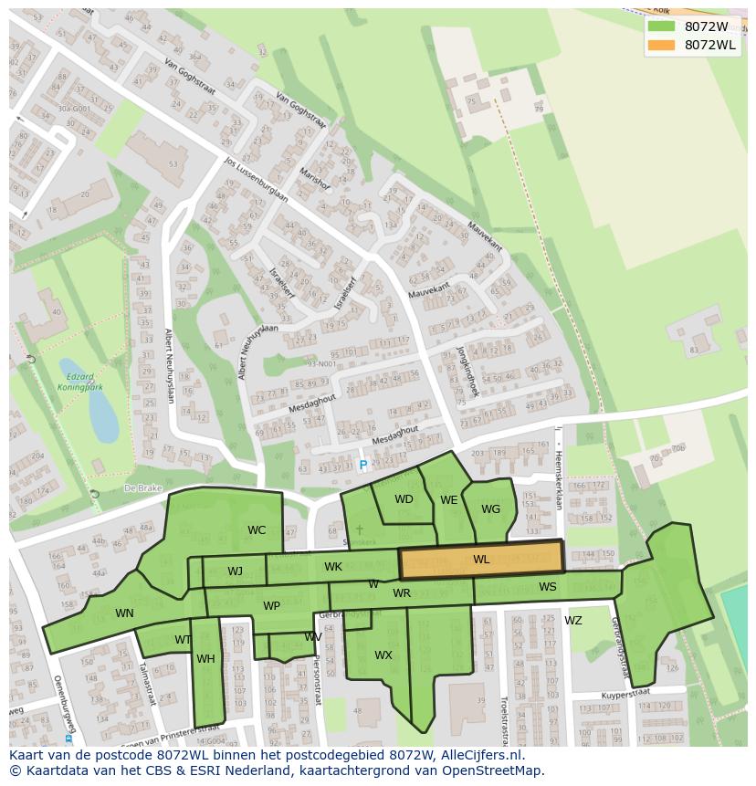 Afbeelding van het postcodegebied 8072 WL op de kaart.