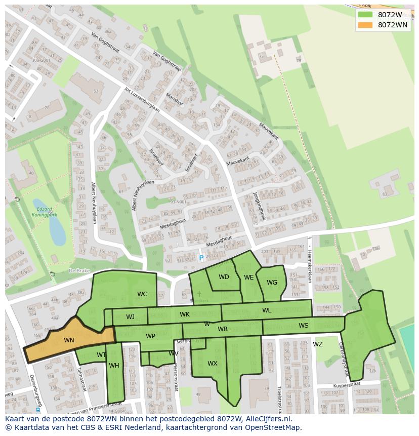 Afbeelding van het postcodegebied 8072 WN op de kaart.
