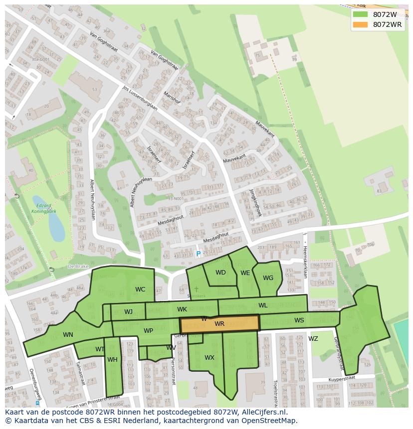 Afbeelding van het postcodegebied 8072 WR op de kaart.