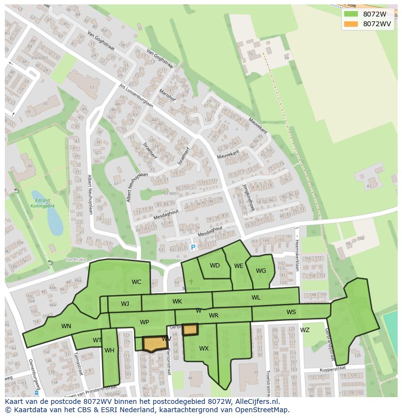 Afbeelding van het postcodegebied 8072 WV op de kaart.