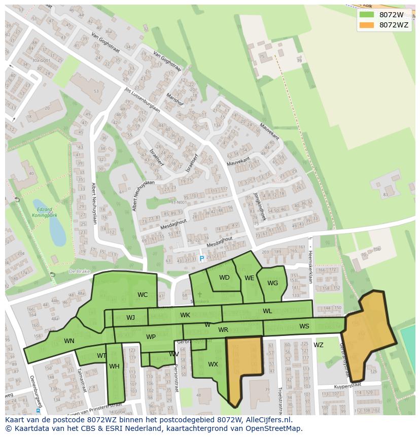 Afbeelding van het postcodegebied 8072 WZ op de kaart.