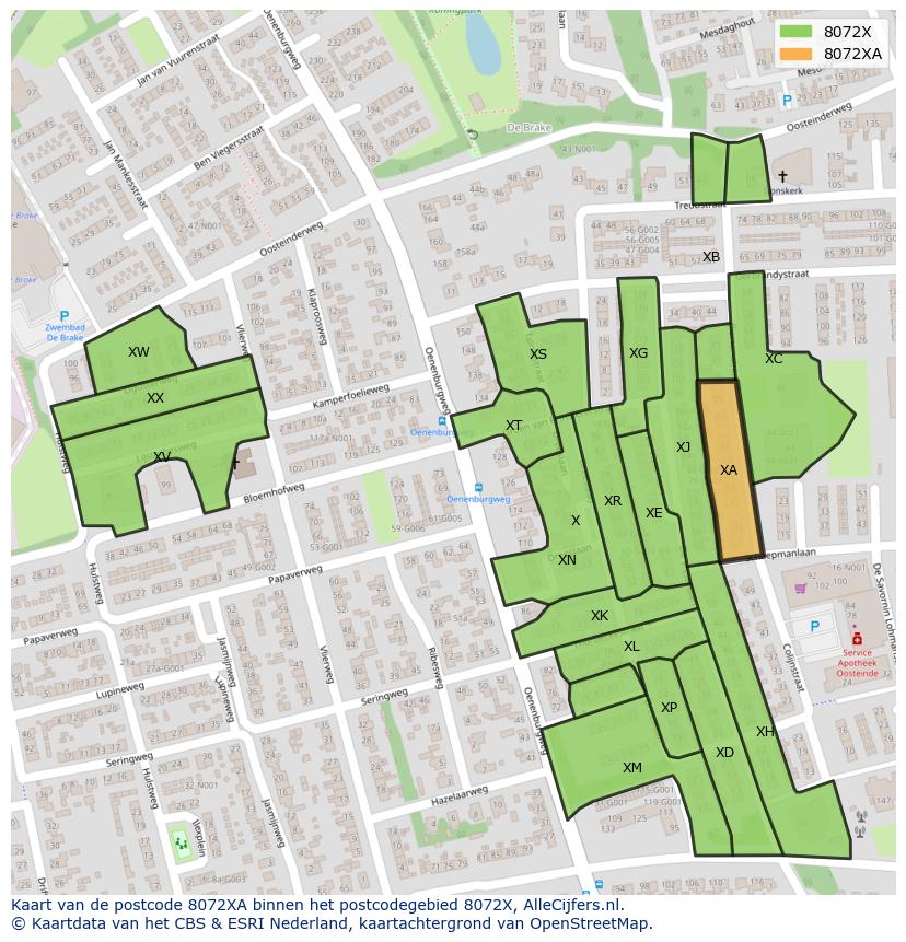 Afbeelding van het postcodegebied 8072 XA op de kaart.