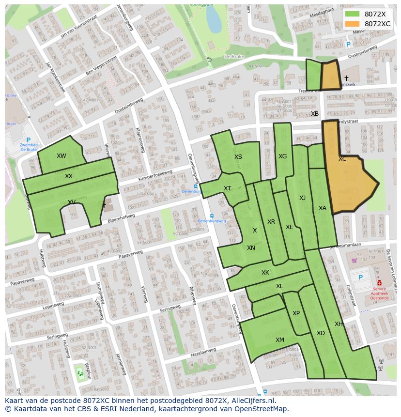 Afbeelding van het postcodegebied 8072 XC op de kaart.