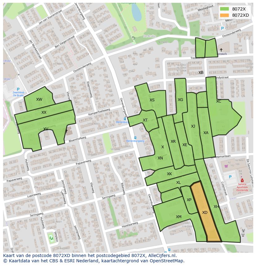 Afbeelding van het postcodegebied 8072 XD op de kaart.
