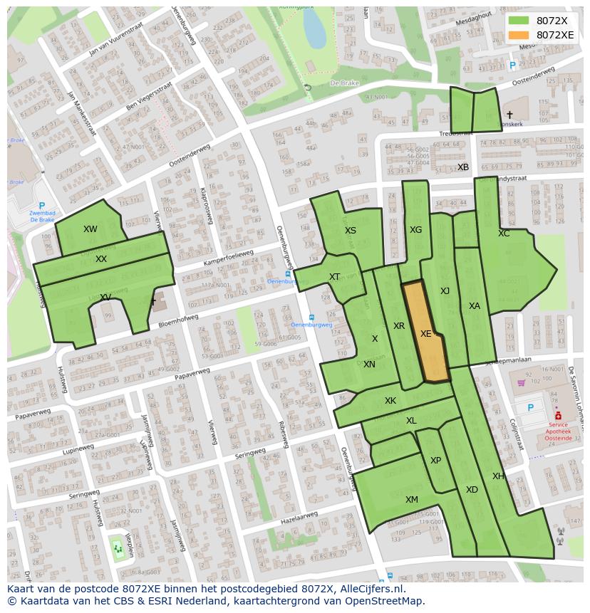Afbeelding van het postcodegebied 8072 XE op de kaart.