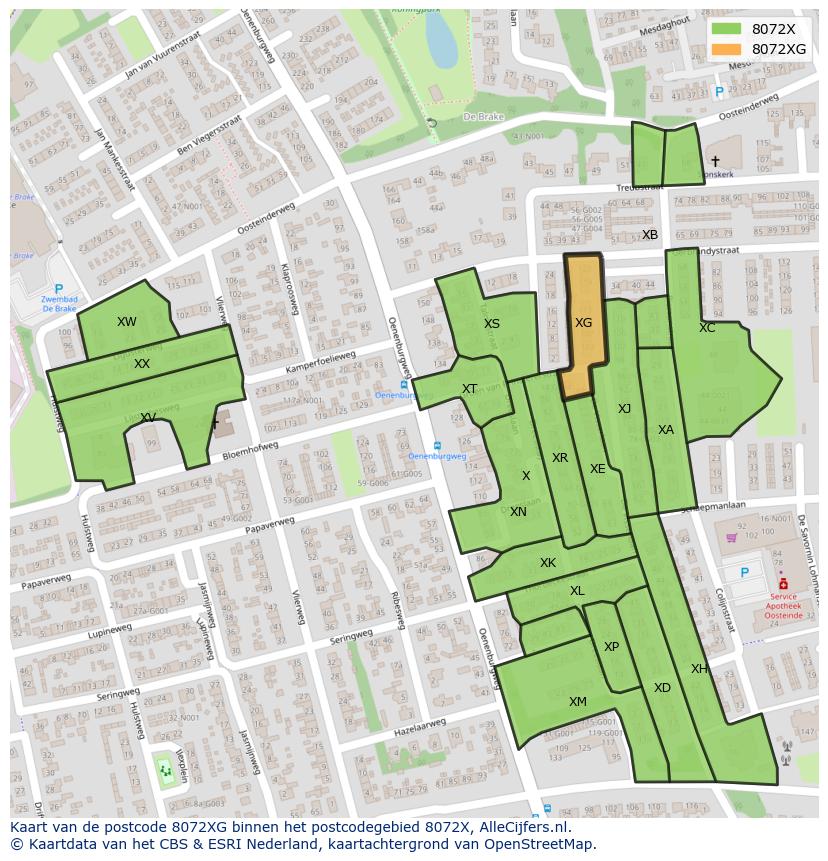 Afbeelding van het postcodegebied 8072 XG op de kaart.