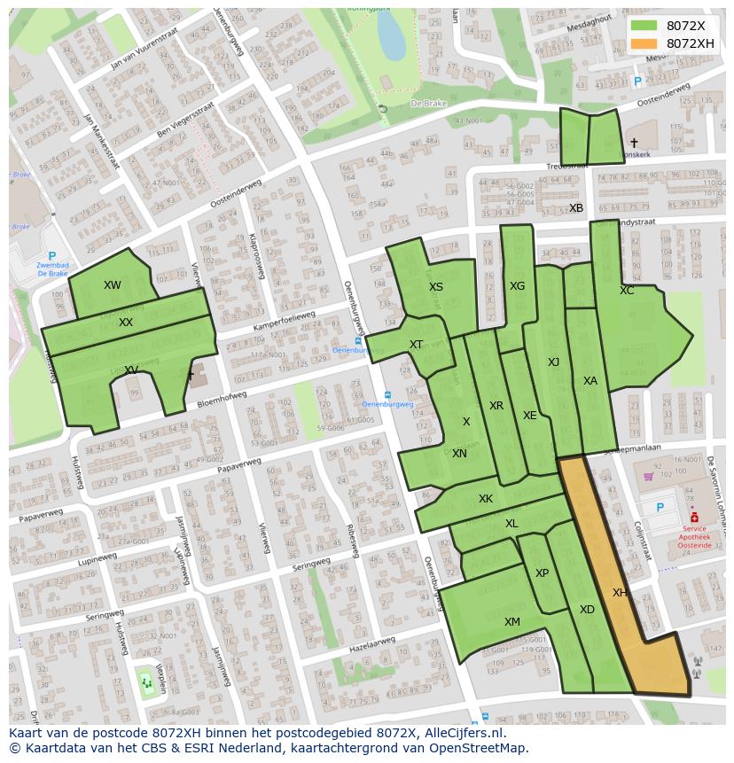 Afbeelding van het postcodegebied 8072 XH op de kaart.