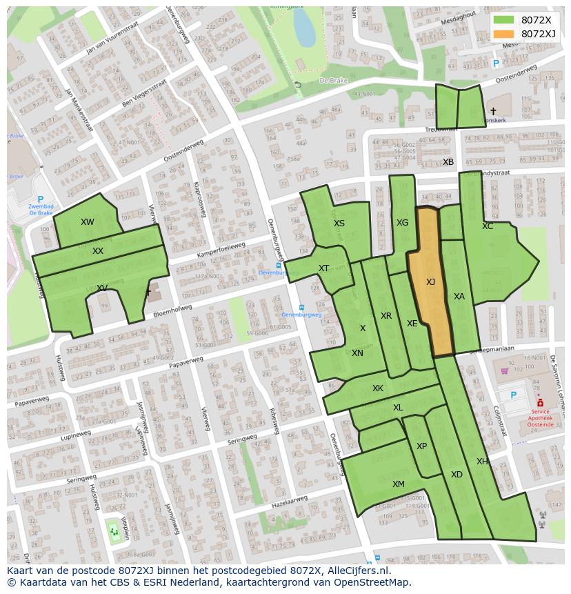 Afbeelding van het postcodegebied 8072 XJ op de kaart.