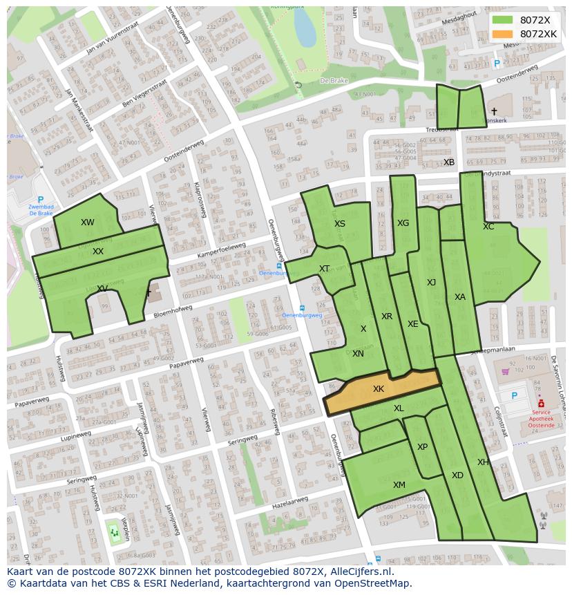 Afbeelding van het postcodegebied 8072 XK op de kaart.