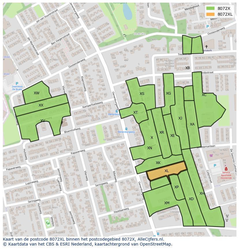 Afbeelding van het postcodegebied 8072 XL op de kaart.