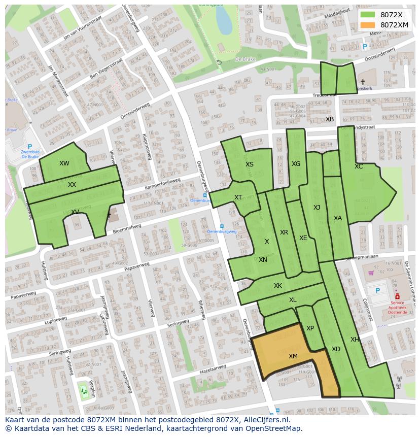 Afbeelding van het postcodegebied 8072 XM op de kaart.